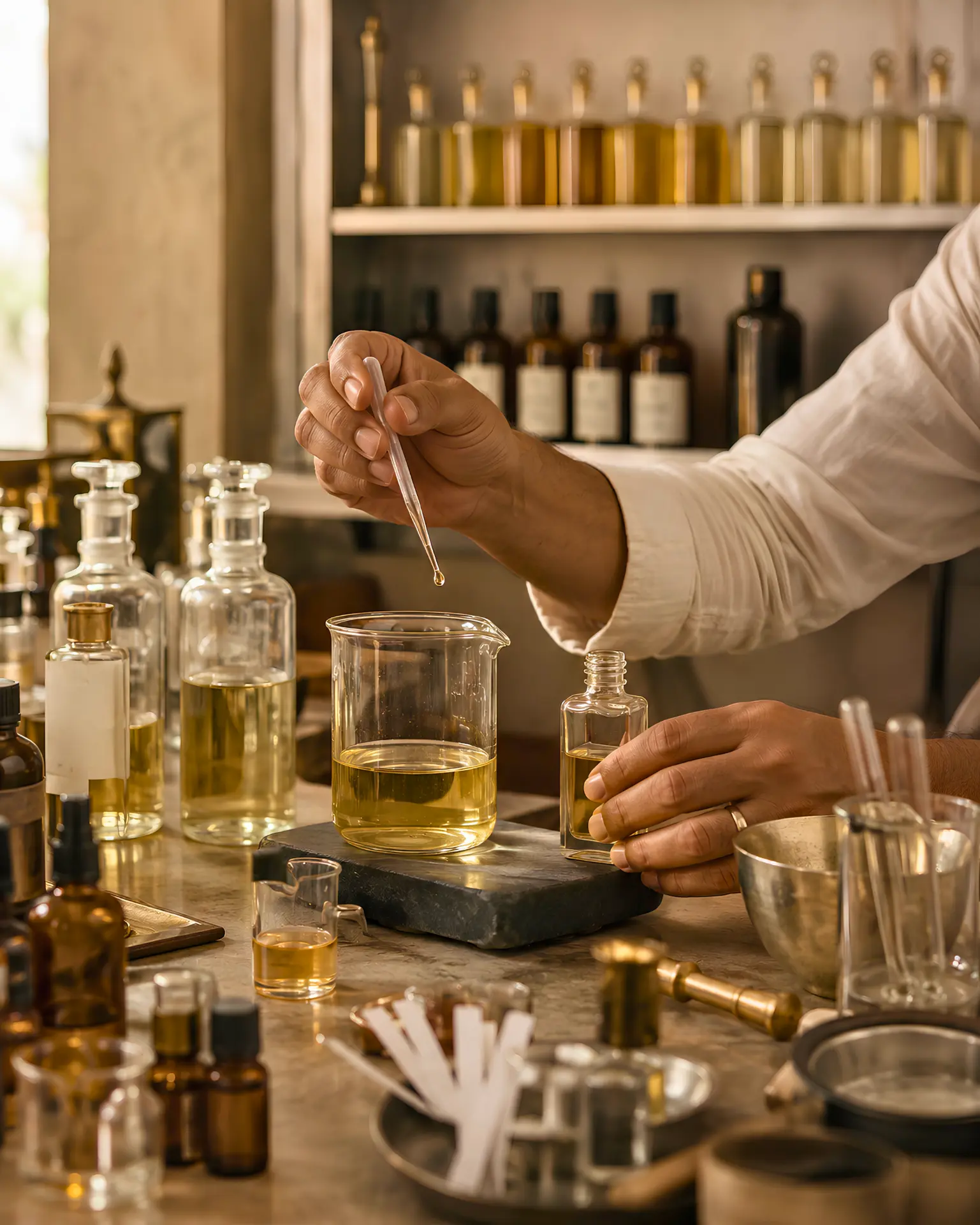 Perfumer blending fragrance oils at the Élure Aromas bench in daylight